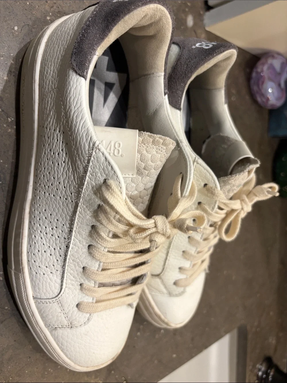 P448 Women’s Off white Laces & White Leather Low-Top Sneakers with Gray Heel